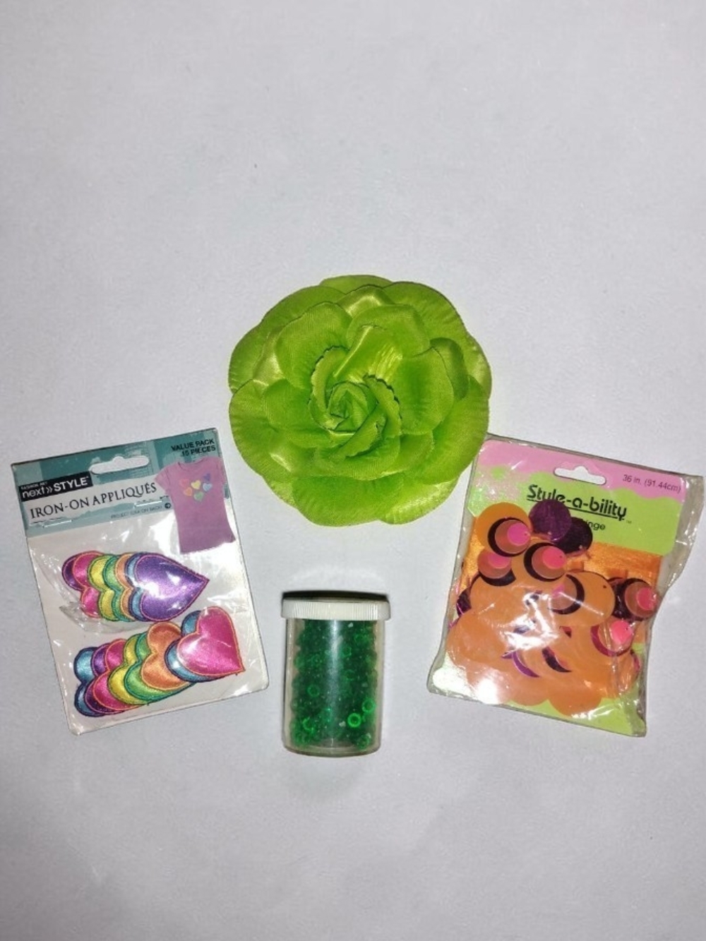 NWT Craft Lot: Rainbow Heart Patches, Sequin Fringe, Green Beads & Hair Flower